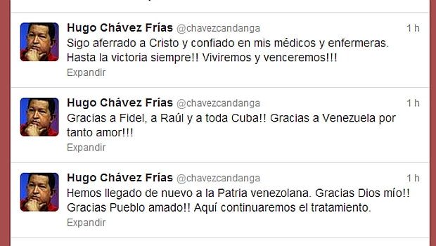 Hugo Chávez reapareceu no Twitter para dizer que já está na Venezuela