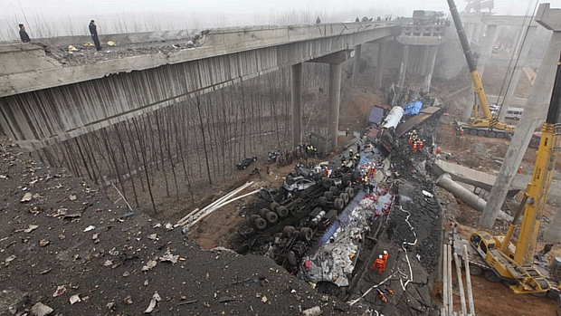 Força da explosão provocou queda de viaduto em estrada da China