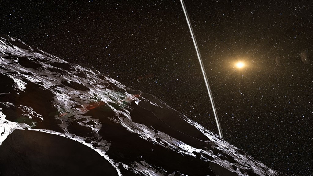 Imagem produzida por um artista mostra os anéis perto da superfície do asteroide Chariklo
