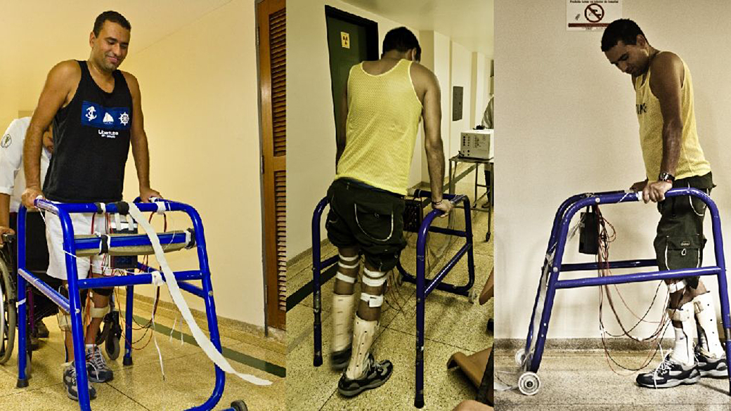 Paciente com paraplegia durante condicionamento muscular dos membros inferiores utilizando a Estimulação Elétrica Neuromuscular