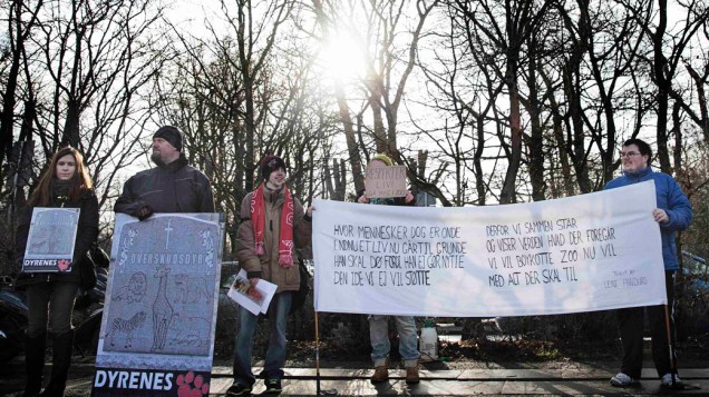 <p>Ativistas protestam em frente ao zoológico de Copenhague contra a morte da girafa Marius, na Dinamarca</p>