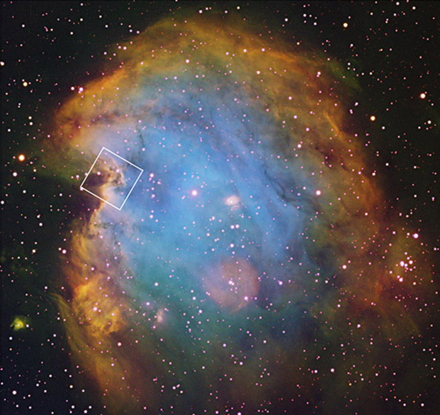 <p>Localização da imagem captada pelo telescópio Hubble na Nebulosa Cabeça de Macaco</p>