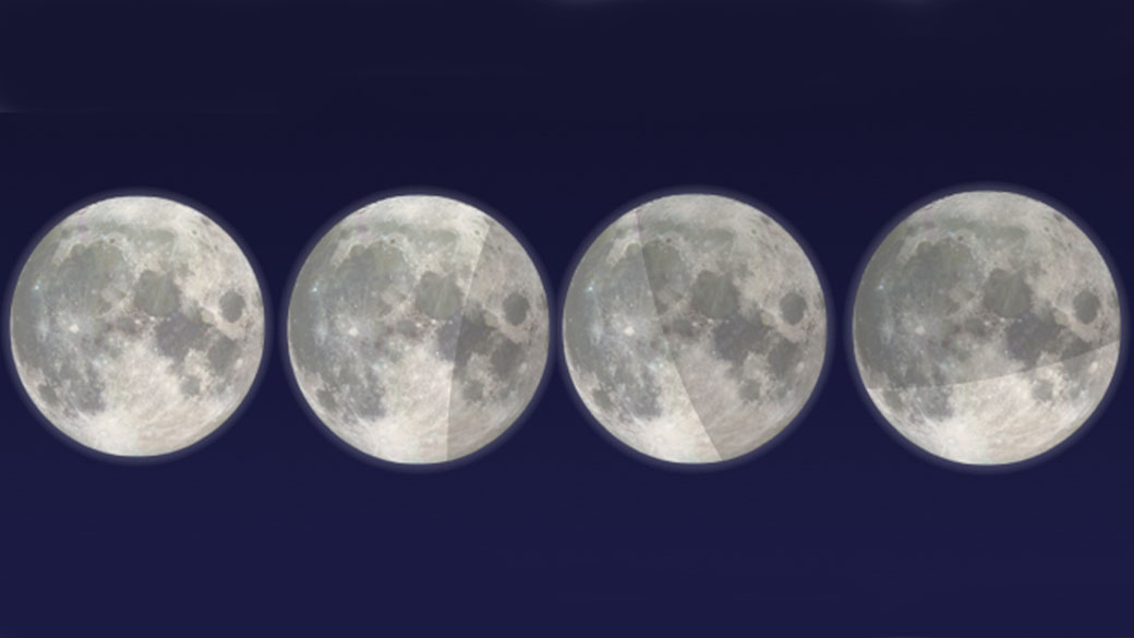 Eclipse: da esquerda para a direita, imagens mostram como deve ser a progressão do eclipse lunar desta sexta-feiraMontagem do Eclipse
