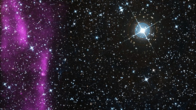 <p>Imagem produzida pela explosão de uma estrela massiva dentro da Via Láctea. As observações do telescópio Chandra (em roxo) revelam a presença de partículas de alta-energia, produzidas enquanto a onda de choque da explosão se espalha pelo espaço</p>