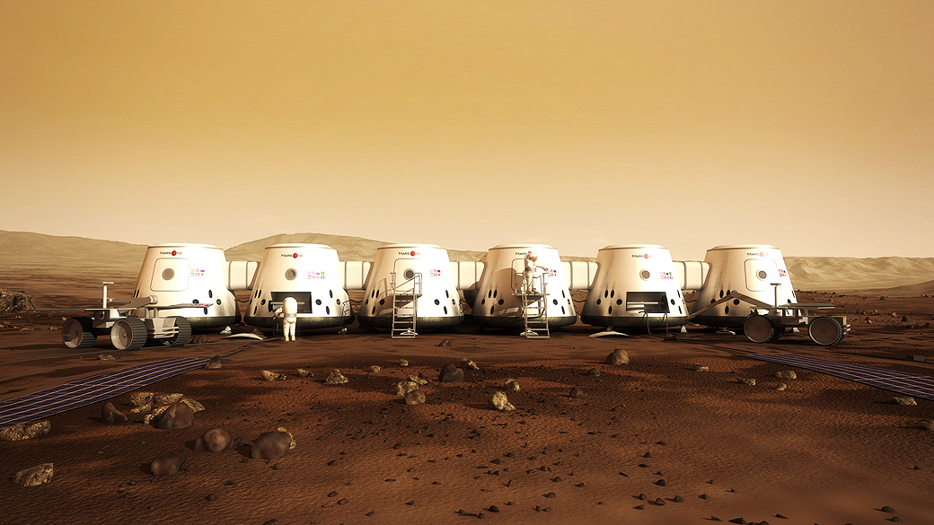 Imagens de simulação do projeto Mars-One, que pretende levar pessoas para morar em Marte pelo resto de suas vidas