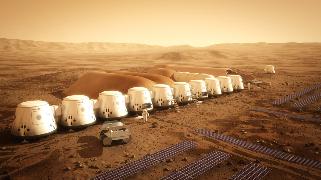 Imagens de simulação do projeto Mars-One que pretende levar pessoas para morar em Marte pelo resto de suas vidas