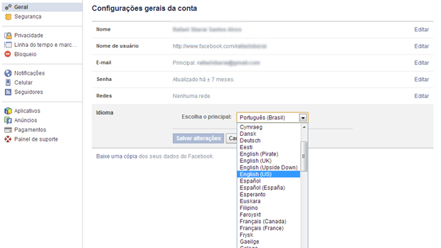 Como mudar o idioma no Facebook
