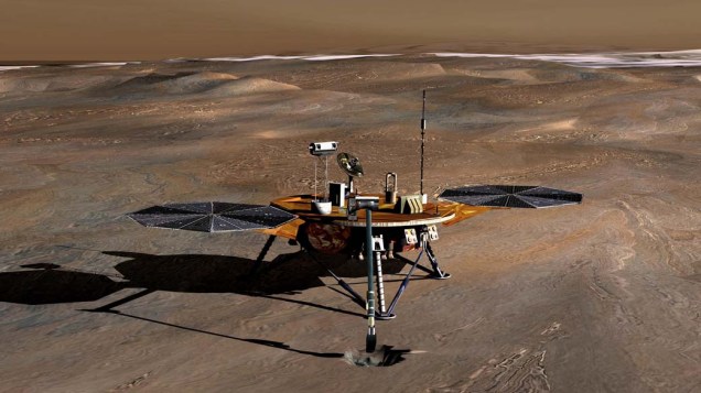 <p>Concepção artística da sonda Phoenix, missão liderada pelo cientista brasileiro Ramon de Paula, na superfície de Marte.</p>