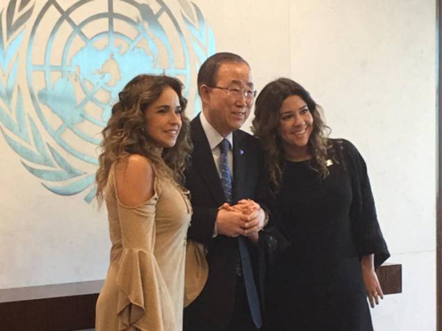 Daniela Mercury, Ban Ki-moon e Malu Verçosa na sede mundial da ONU, em Nova York