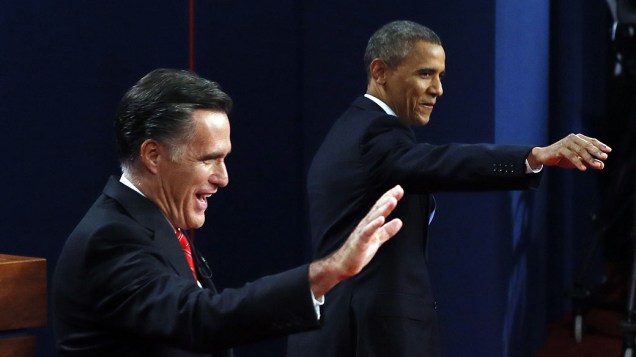 Mitt Romney e Barack Obama durante debate da disputa à Presidência dos Estados Unidos