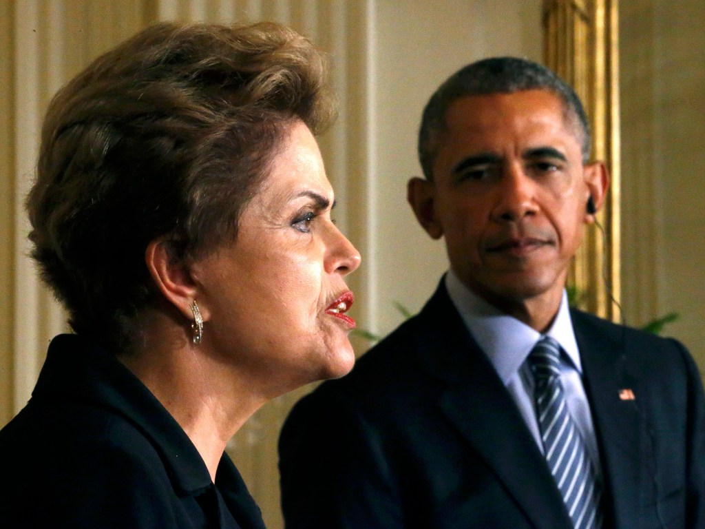 A presidente Dilma Rousseff e o presidente dos EUA, Barack Obama, durante coletiva na Casa Branca, em Washington