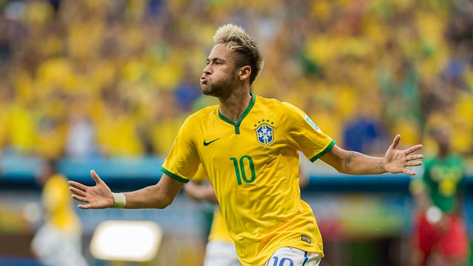 Neymar comemora gol contra Camarões no Mané Garrincha, em Salvador