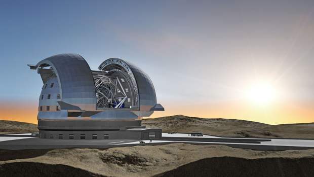 Concepção artística do European Extremely Large Telescope (Telescópio Europeu Extremamente Grande — E-ELT, na sigla em inglês), no Deserto do Atacama, Chile