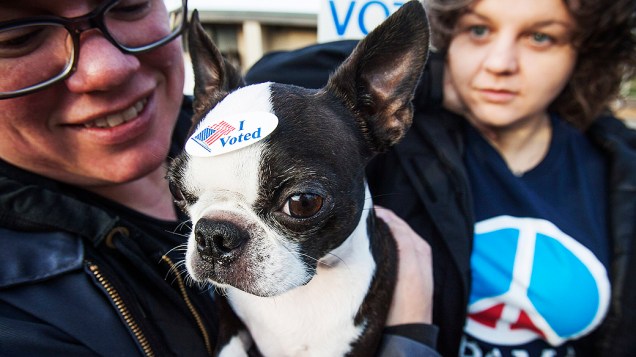Casal leva seu cachorrinho para votar em sessão eleitoral de Milwaukee, Wisconsin, nos Estados Unidos