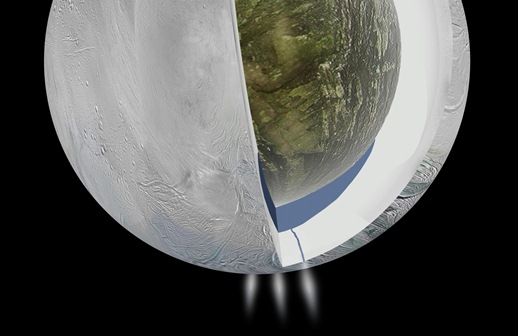 Ilustração do interior da lua Enceladus, com base nas informações fornecidas pela sonda Cassini