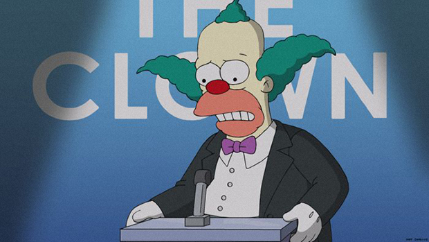 Palhaço Krusty anuncia seus planos de se aposentar do show business no primeiro episódio da 26ª temporada de Os Simpsons