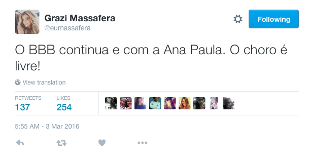 Grazi Massafera entra na torcida por Ana Paula no BBB16