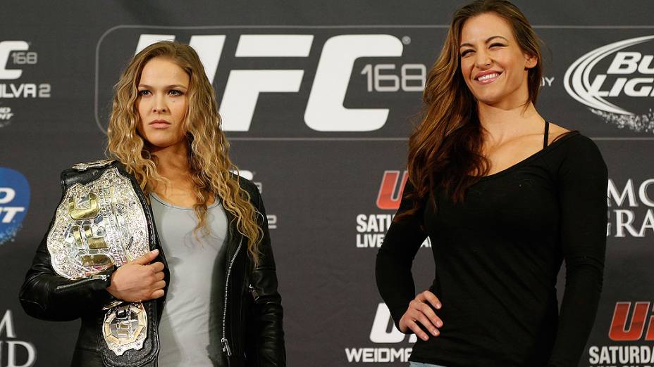 Ronda Rousey e Miesha Tate durante entrevista coletiva do UFC 168 em Las Vegas