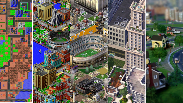 Evolução gráfica de 'SimCity' ao longo da história. Da esquerda para a direita, 'SimCity', 'SimCity 2000', 'SimCity 3000', 'SimCity 4' e 'SimCity 2013'
