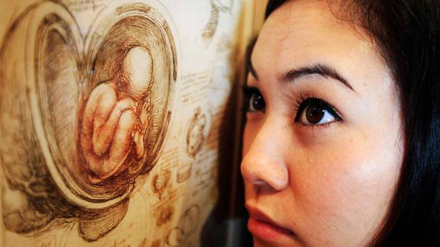 <p>Funcionária posa ao lado do desenho intitulado "Estudos do feto dentro do útero" feito entre 1510-13 </p>