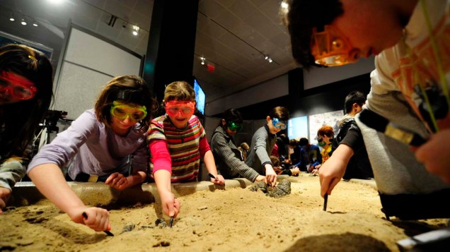 <p>Visitantes aprendem a escavar fósseis durante a exposição "Os Maiores Dinossauros do Mundo", em Nova York</p>