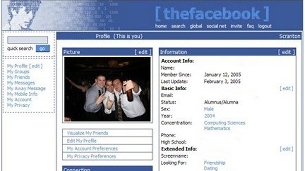 Primeira versão do Facebook, em 2004: era o início da criação de um gigante da internet