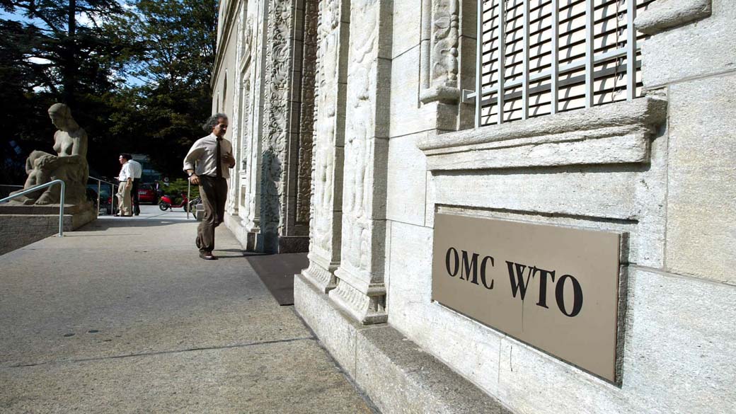 Entrada da sede da OMC em Genebra, na Suíça