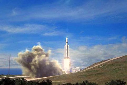 Ilustração mostra o lançamento do Falcon Heavy: foguete só perde em potência e capacidade para o Saturn V, o mesmo que levou o homem à Lua