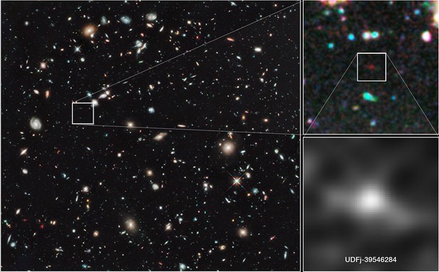 Nas imagens registradas pelo telescópio Hubble, a galáxia é apenas um ponto vermelho