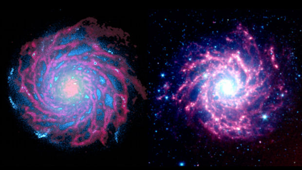 Simulação mostra galáxia em espiral, 13 bilhões de anos após sua formação (à esquerda). As nuvens de gás são representadas em rosa e as estrelas em azul. À direita, imagem da galáxia M74, similar à Via Láctea