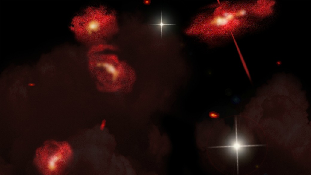 A concepção artística mostra quatro galáxias muito vermelhas que estão a 13 bilhões anos-luz da Terra. Elas foram descobertas usando o telescópio espacial Spitzer, da agência espacial americana