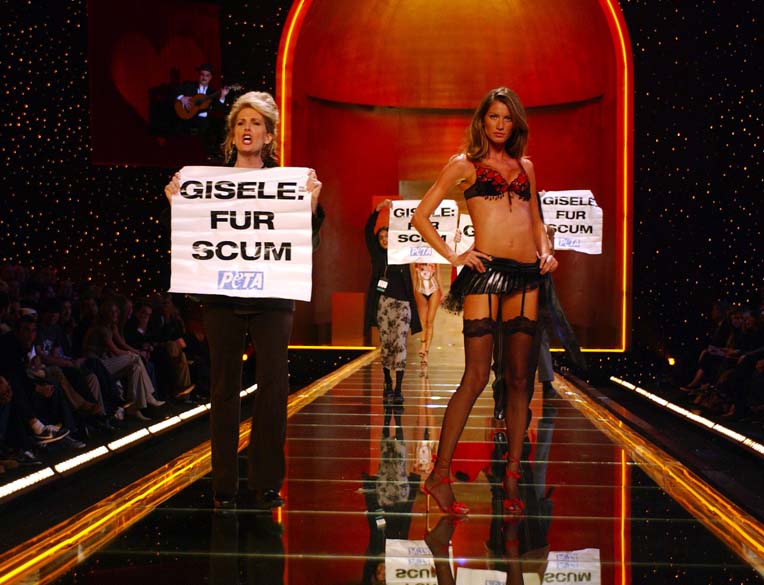 Em 2002, ativistas do grupo PETA invadiram a passarela de um desfile em Nova York para protestar contra campanha em que a modelo usava peles de animais. Os cartazes traziam a escrita "Gisele: fur scum", em português algo como "Gisele: escória coberta de pele”