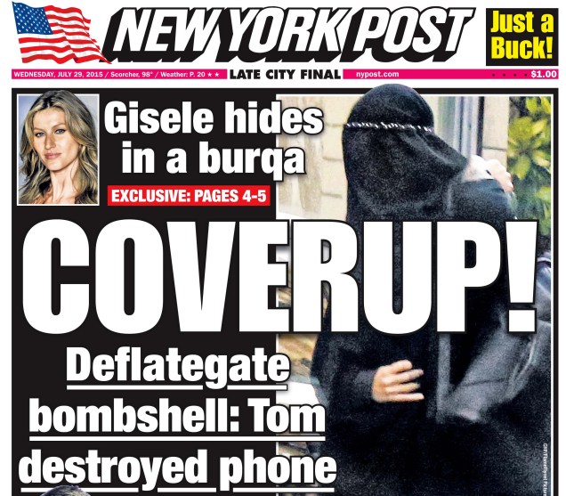 Capa do jornal New York Post, com Gisele Bündchen de burca