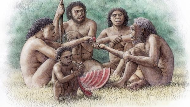 Ilustração mostra o que seria uma família da espécie Homo georgicus, que era considerada a primeira espécie de hominídeos a habitar a Europa. Novos achados no sítio arqueológico de Dmanisi apontam que a ocupação pode ter começado antes com os Homo erectus