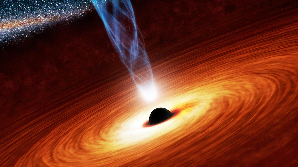 Concepção artística de um buraco negro, o disco de matéria ao seu redor e o jato de partículas sendo expelido