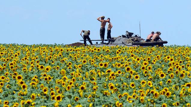 Soldados do governo ucraniano assumem posição em um campo do girassol cerca de 20 km ao sul de Donetsk; A ação integra parte de uma campanha para cercar a cidade e a vizinha, Lugansk, que também é controlada por separatistas pró-Rússia