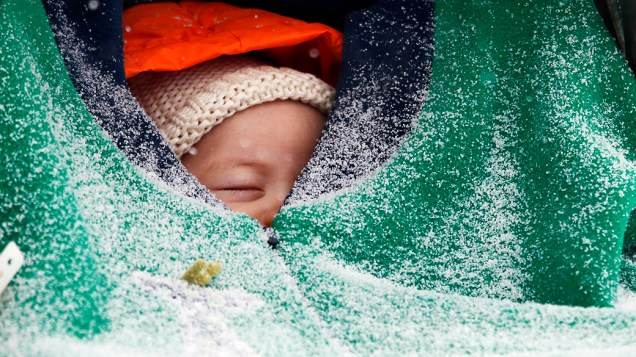 <p>Bebê de dois meses de idade, tira um cochilo abrigado em seu cobertor enquanto a neve cai em Boston, nos Estados Unidos </p>