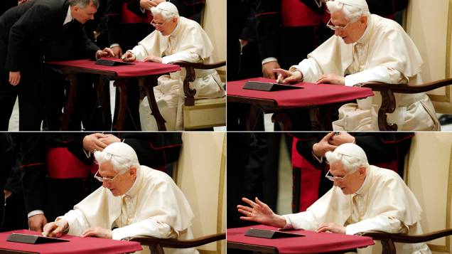 Papa Bento XVI posta seu primeiro tweet em um ipad depois de sua audiência geral na Sala Paulo VI no Vaticano