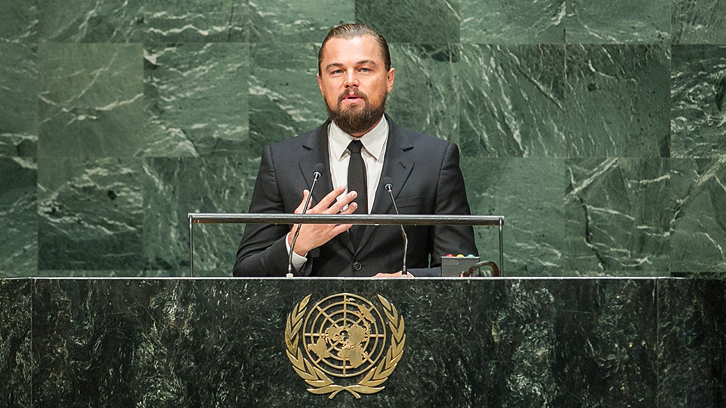 O ator Leonardo DiCaprio discursa durante abertura da Cúpula do Clima, em Nova York