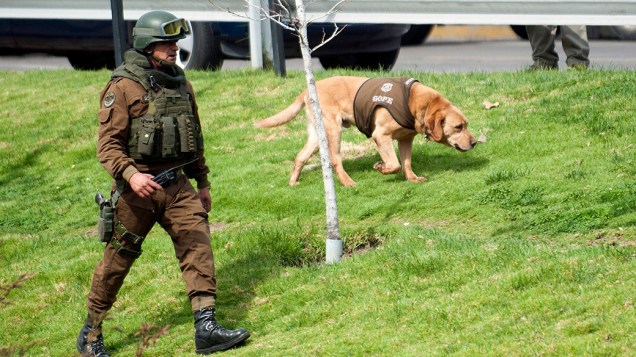 Polícia usa cães farejadores para vasculhar os entornos da estação de metrô Escuela Militar, em Santiago no Chile