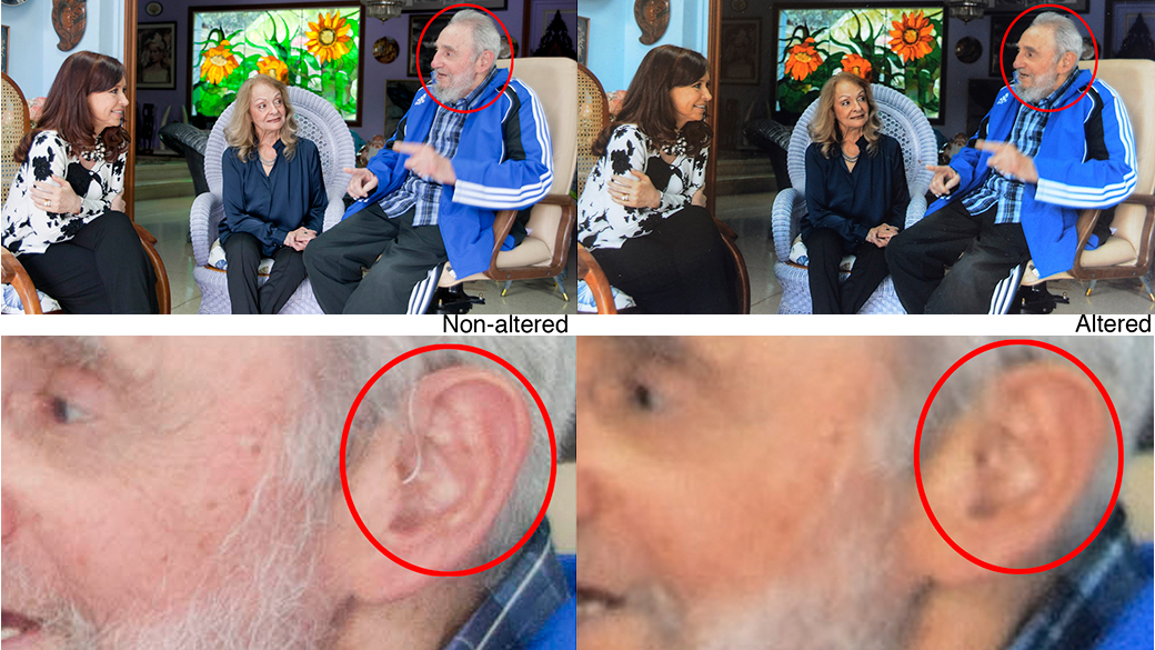Imagem divulgada pela agência Associated Press mostra o detalhe da alteração digital feita pelos Estudios Revolución responsável pela distribuição da foto, na orelha de Fidel Castro no que parece ser um aparelho auditivo durante encontro com a presidente argentina Cristina Kirchner, em janeiro