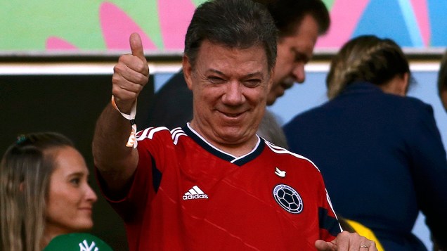 Presidente colombiano Juan Manuel Santos na partida entre Brasil e Colômbia no Castelão em Fortaleza, pelas quartas de final da Copa do Mundo