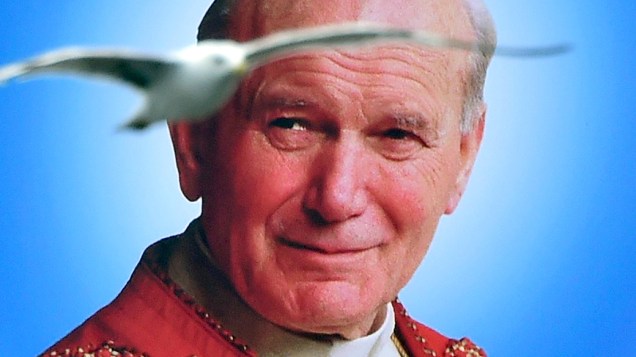 Gaivota voa próxima ao retrato de João Paulo II, canonizado pela Igreja neste domingo (27)