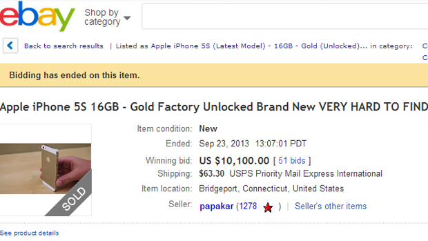 iPhone 5s dourado é vendido por 10.000 dólares no eBay