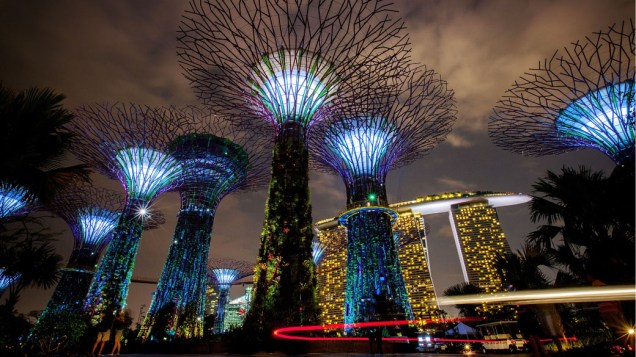 Super árvores iluminadas a noite durante show de luzes e som no "Gardens by the Bay" em Singapura