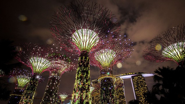 Super árvores iluminadas enquanto chove durante a noite em Singapura