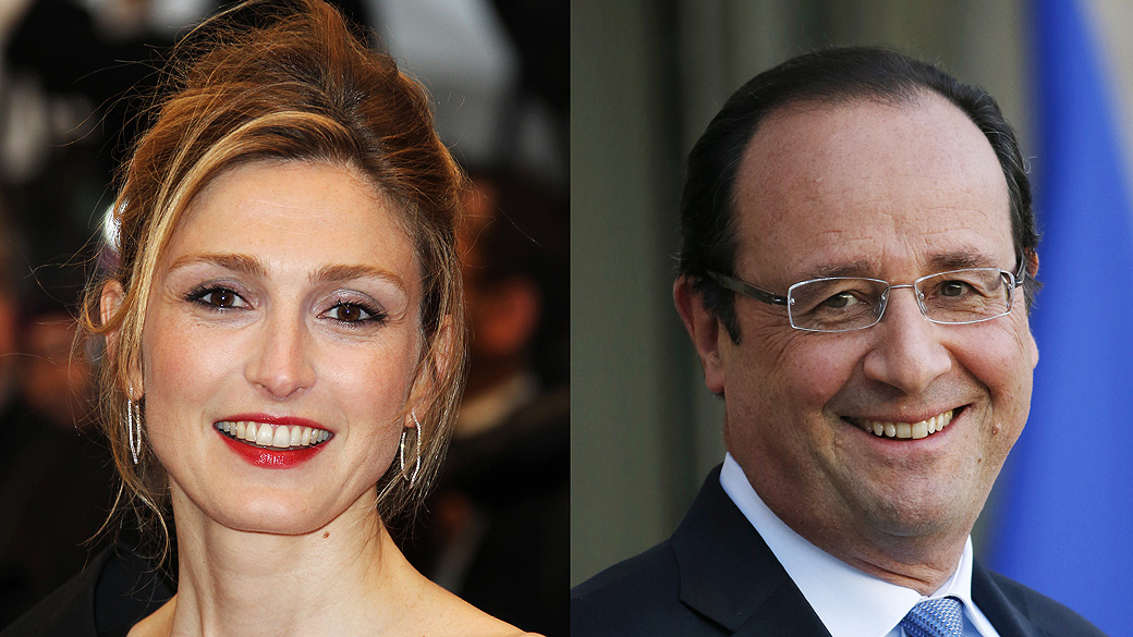 Montagem mostra a atriz Julie Gayet no festival de Cannes em 2012 e François Hollande no palácio presidencial Elysee