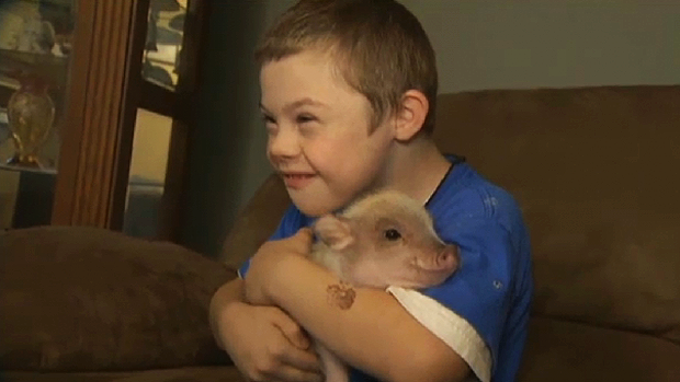 O americano Kason Ray, de oito anos, e a porquinha Twinkie