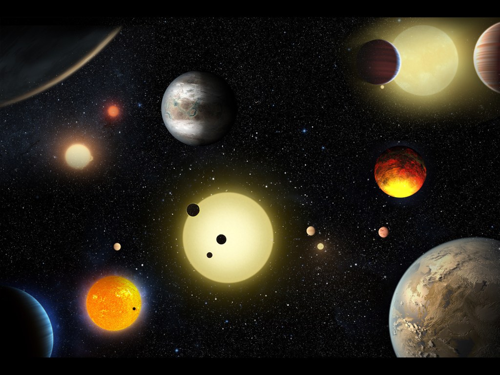 Concepção artística mostra descobertas planetárias feitas pelo telescópio espacial Kepler da Nasa
