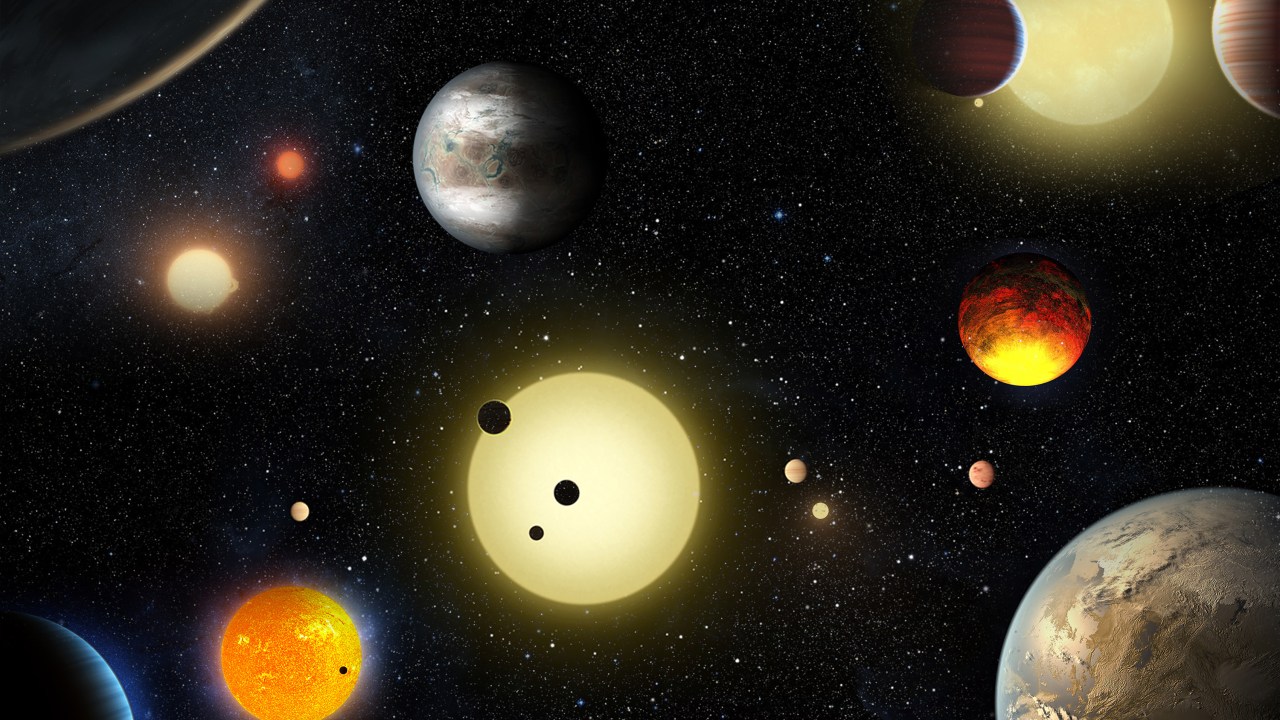Concepção artística mostra descobertas planetárias feitas pelo telescópio espacial Kepler da Nasa